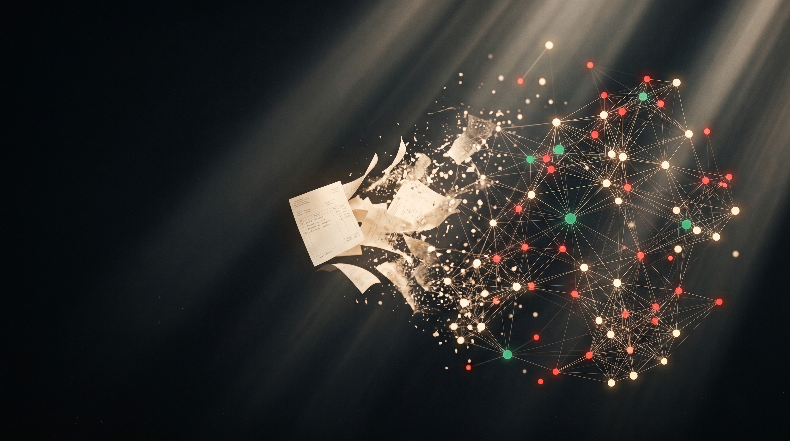 A stream of paper invoices dissolving into a glowing knowledge graph of vendor and price nodes